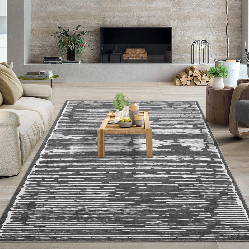 Ultra Thin Washable Geometric Area Rug for Living Room – Soft Non-Slip Low Pile Carpet – Neutral Black Gray – Modern Home Decor – 8x10ft, USA