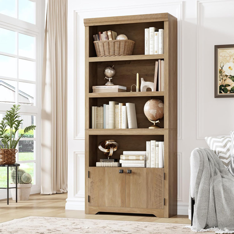 5-Tier Farmhouse Bookshelf, 69” Tall Bookcase with 2 Doors & Adjustable Shelves, Wooden Open Display Storage Rack for Home Office, Living Room & Study (23.6”W)