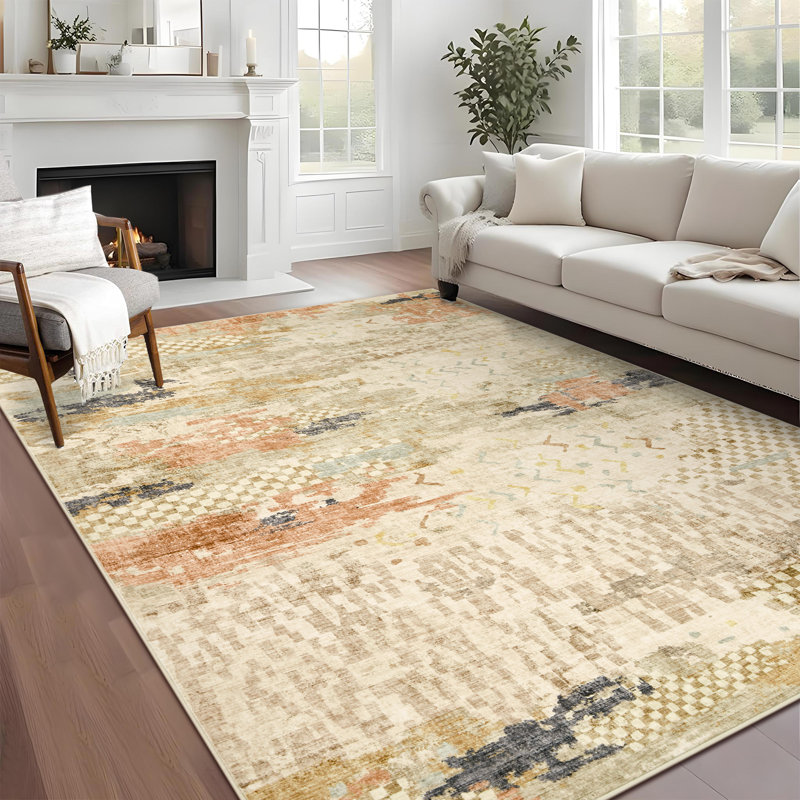 5'x7' Boho Abstract Machine Washable Area Rug with Non-Slip Rubber Backing - Low-Pile, Stain Resistant Carpet for Bedroom, Living Room