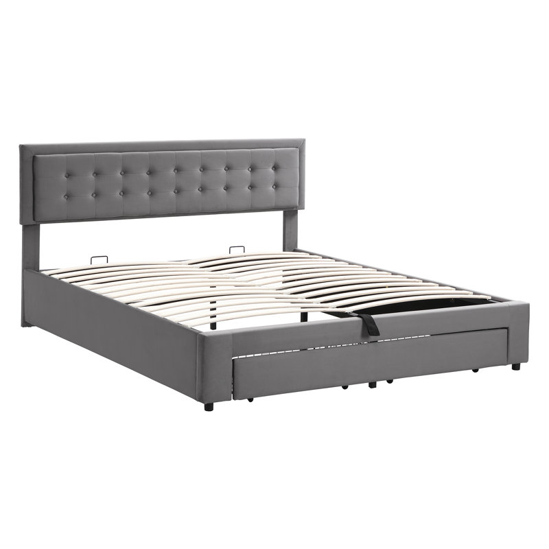 Upholstered ottoman bed velvet, Grey, Kingsize (5')