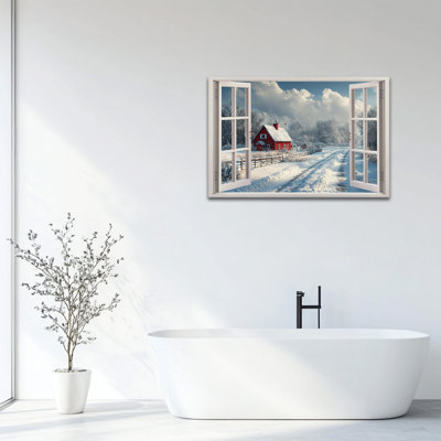 Grande affiche d'art sur toile fenêtre enneigée, paysage d'hiver, paysage de Noël, affiche pour le salon, la chambre à coucher et le bureau, 24 po x 32 po