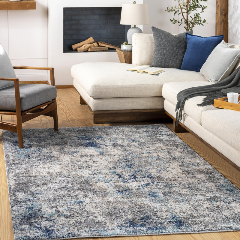 Tapis abstrait bleu / gris Aderyn, Rectangle 6 pi 7 po x 9 pi