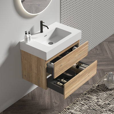 Meuble-lavabo mural flottant, esthétique chêne, fermeture silencieuse des tiroirs, panneaux E1, conception de lavabo lustré en une pièce, tiroirs à fermeture douce, poignée dissimulée, rangement généreux
