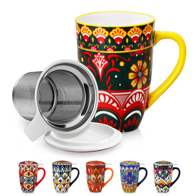 480ml porcelain mug, Red Bohemian-style design, Stainless steel tea infuser