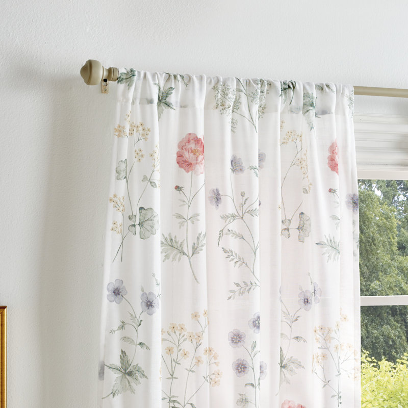 Gold Floral Semi-Sheer Rod Pocket Curtain Panel Pair