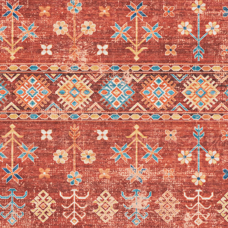 Tapis lavable tissé à la machine rouge et ivoire, Rectangle de 2 pi x 3 pi