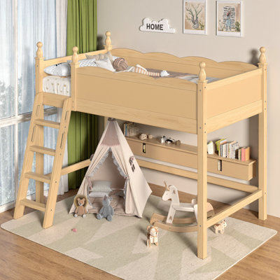 UnaCubby Solid Wood Loft Bed with Full-Length Guardrails and Built-In Ladder