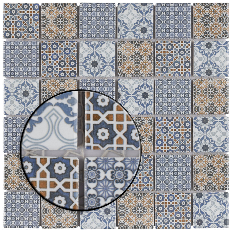 Classico 2" x 2" Porcelain Grid Mosaic Wall & Floor Tile, Blue/Yellow/White