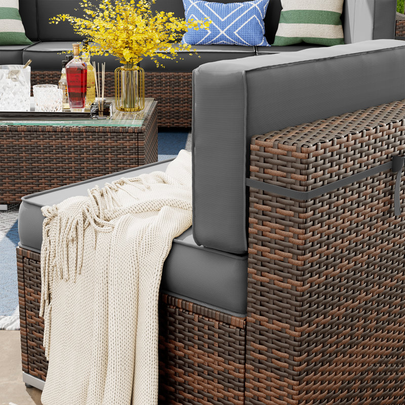 Angeli 8 Person Rattan Seating Group with Fire Pit Table, Coffee Table, Gray