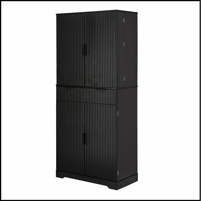 Elegant Fluted Kitchen Pantry Cabinet with 3 Keyboard Drawers and 6 Adjustable Shelves, Freestanding Storage for Home, Black