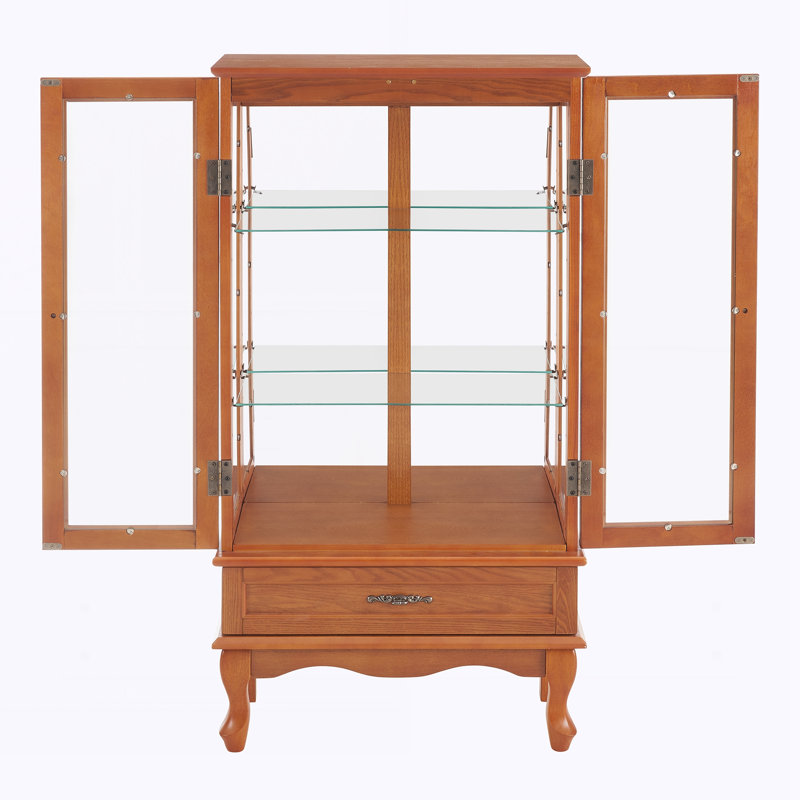 Vitrine Curio avec tablettes réglables en verre, Chêne