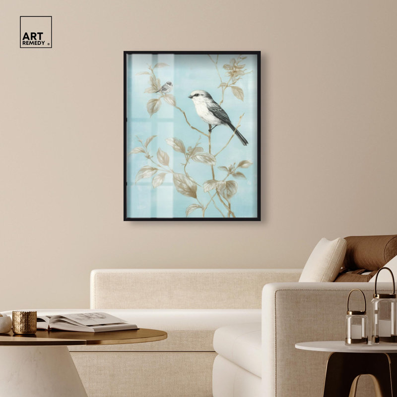 Décoration murale à motif d'oiseaux perchés avec boîte-cadre par Art Remedy, cadre noir, 36 x 45, H 46 po x l 37 po