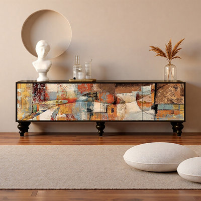 Meuble télé en pin avec panneaux à motifs