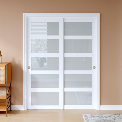 80" White 5 Lite Frosted Glass Sliding Closet Doors With Installation Hardware Kit