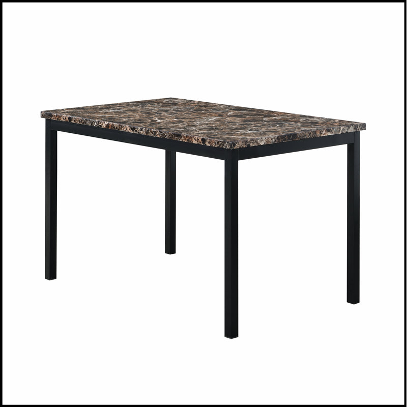 Table de salle à manger en faux marbre avec structure en métal, compacte et élégante pour les cuisines et les salles à manger modernes.