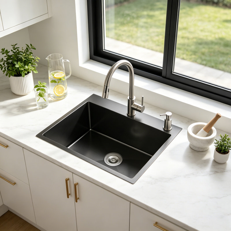 Évier de cuisine à cuve simple à poser en acier inoxydable, Satin Black, 23*19