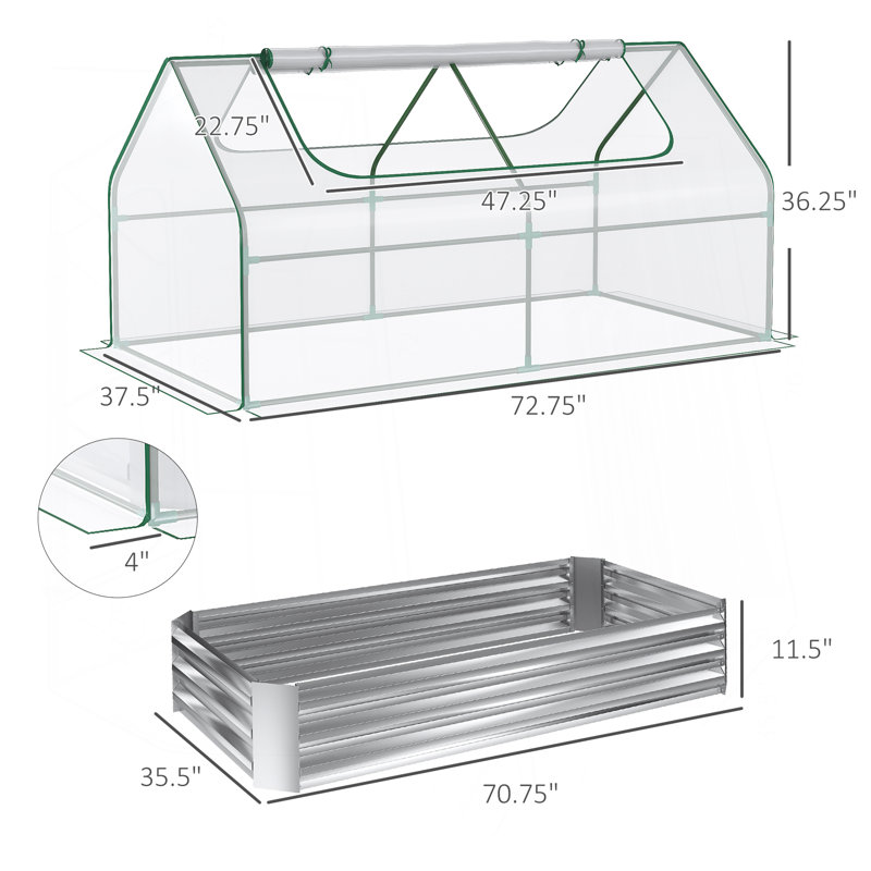 6' X 3' Galvanized Raised Garden Bed With Mini PVC Greenhouse Cover, Outdoor Metal Planter Box With 2 Roll-Up Windows For Growing Flowers, Fruits, Vegetables And Herbs, Silver