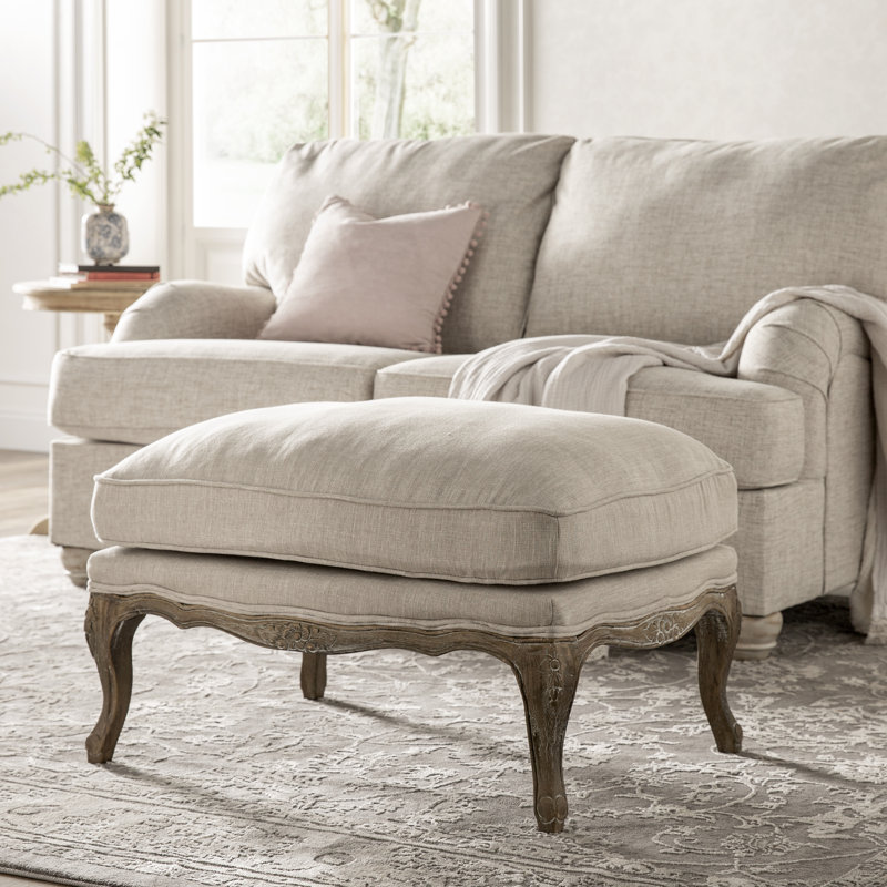 Comacho 32" Traditional Textured Fabric Ottoman with Durable Textured Upholstery, Weathered Gray Wood Legs, 100% Polyester