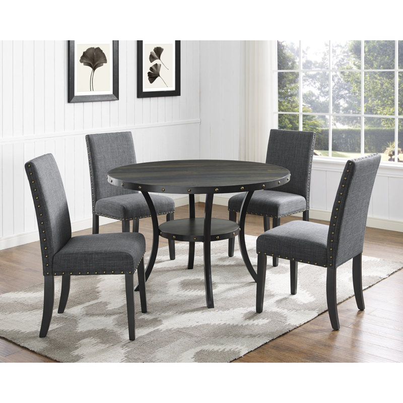 Ensemble de salle à manger en bois Biony avec chaises cloutées en tissu, 5 pièces: table, 4 chaises, Noir, Gris