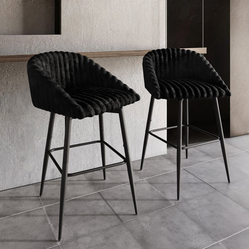 BLACK METAL SWIVEL COUNTER CHAIR IN BLACK VELVET, Black