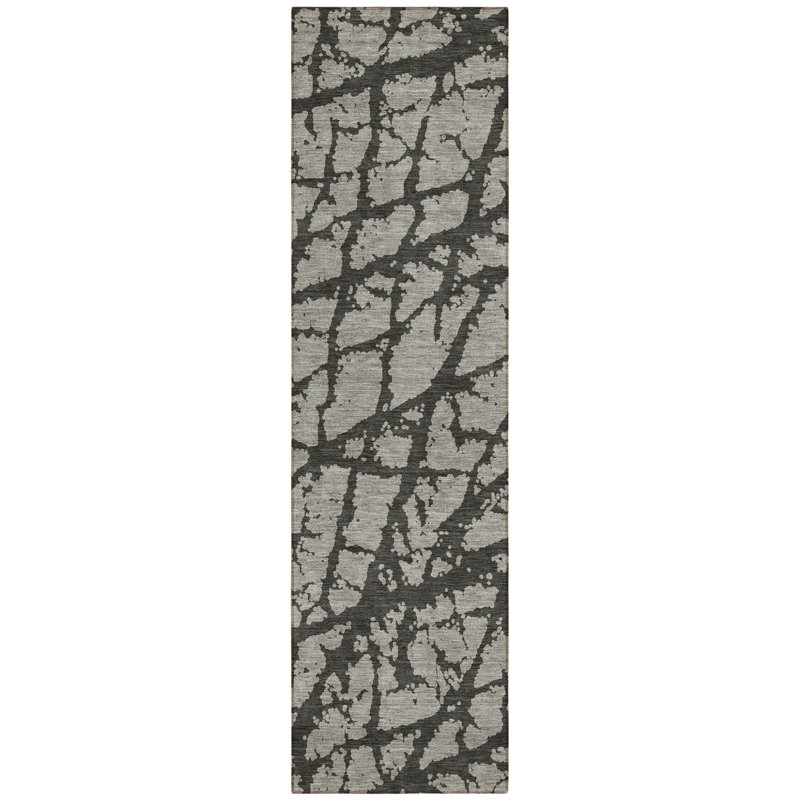8' Runner Gray and Black Abstract Washable Non Skid Indoor Outdoor Runner Rug