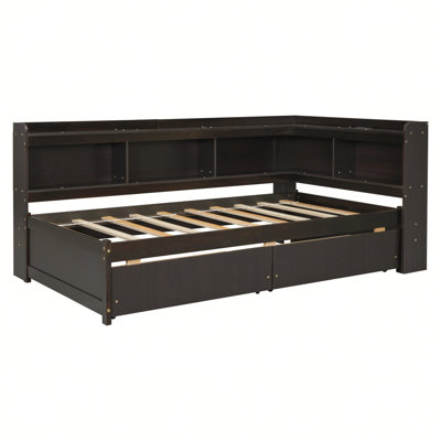 L-shaped Bookcases Bed with Power Outlets, USB Charging Ports,Two Drawers by Latitude Run