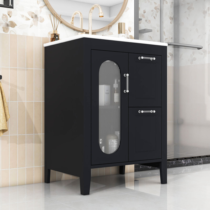 Meuble-lavabo 24 po avec lavabo, deux tiroirs et tablette réglable, Noir, noir, noir, noir
