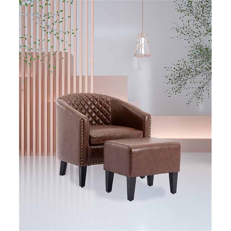 Faux Leather Barrel Chair with Ottoman, Espresso Faux Leather