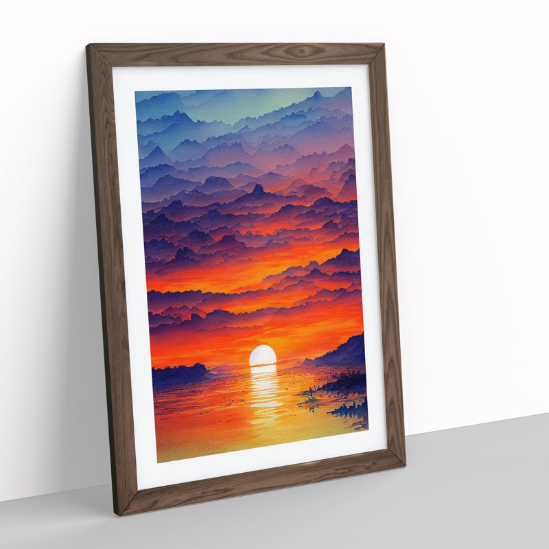 Sunset Watercolour No.6 - Single Picture Frame Print, 64cm H x 46cm W x 2cm D, Walnut