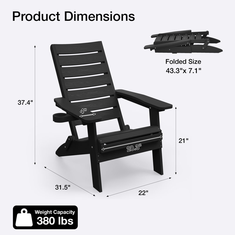 Outdoor Folding Adirondack Chair All Weather HIPS Oversized Fire Pit Chair with Cup Holder Plastic Adirondack Chair for Patio, Garden, Lawn, Pool, Black