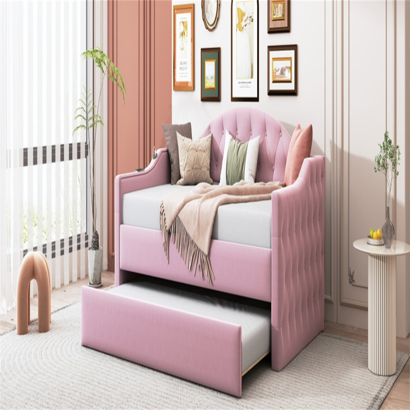 Upholstered Daybed With Trundle, Charging Station And Button Tufted Design, Pink