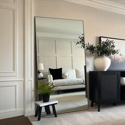 Oversized Rectangle Metal Framed Full Length Floor Mirror with Stand, Wall Mounted or Leaning Mirror for Bedroom, Home Gym, Living Room, Entryway