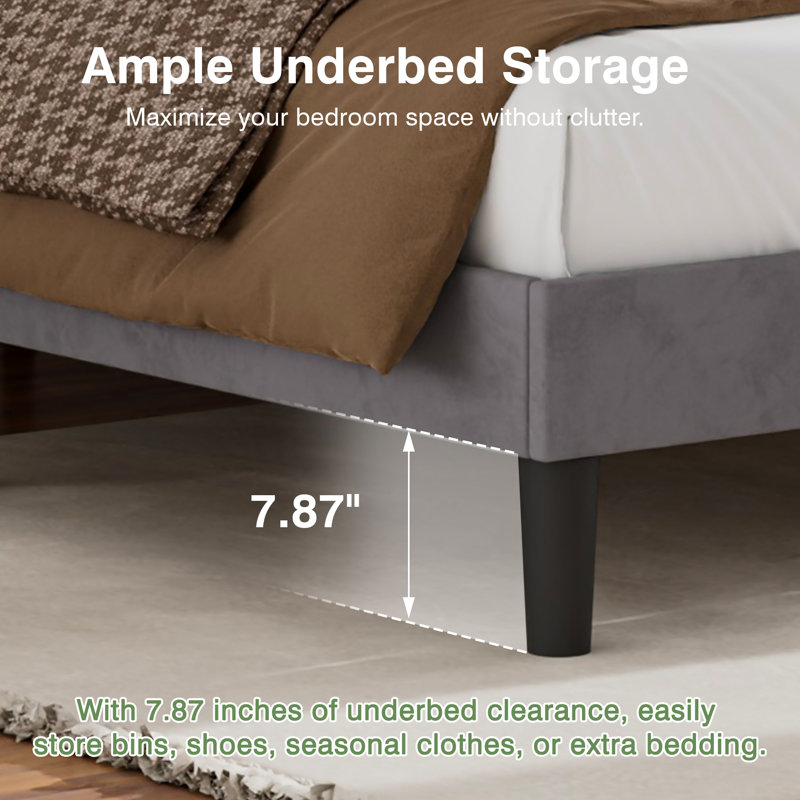 Upgraded Velvet Upholstered Platform Bed with Adjustable Headboard, Reinforced & Quiet Design, No Box Spring Needed, Sturdy Wood Slat Support, Easy Assembly