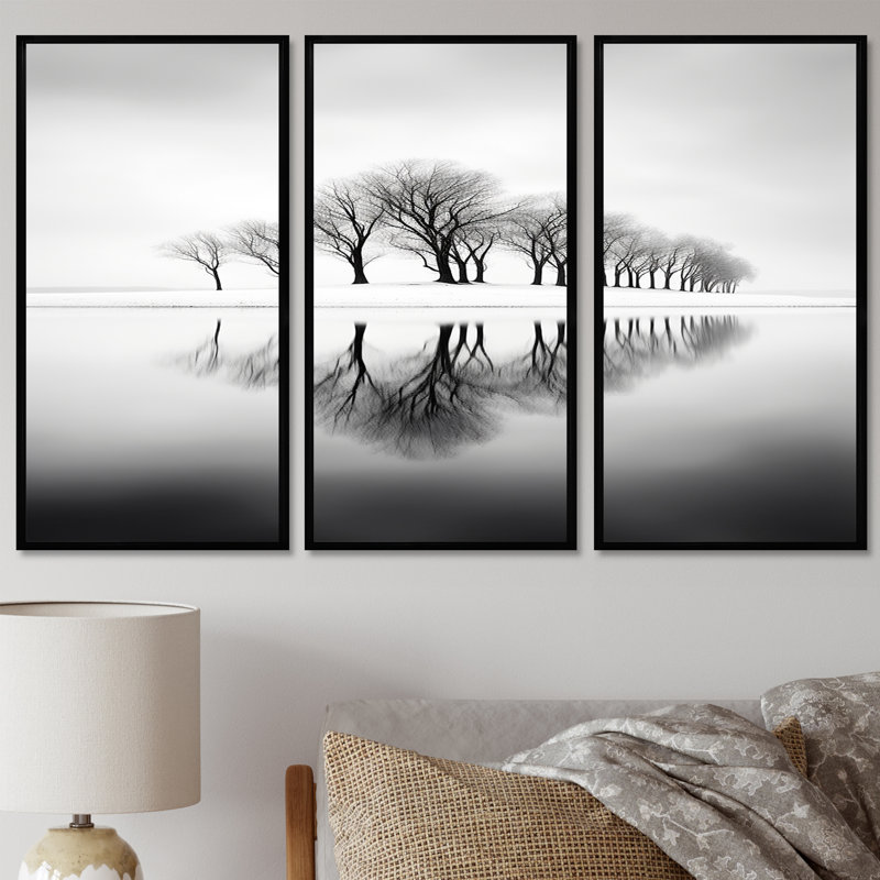 «Black Winter Tree Silhouettes On», art mural rivière, Cadre flottant noir, H 32 po x l 48 po x P 1 po