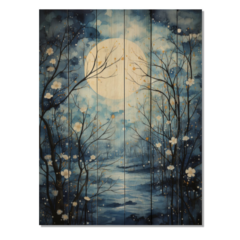 Silhouette d'arbre bleu et blanc au clair de lune I sur bois, H 20 po x l 10 po x P 0,78 po