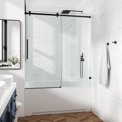 68-73" W X 66" H Frameless Single Sliding Shower Tub Door with 3/8" (10mm) Clear Tempered Glass, Shatter-Resistant Film & Installation Hole Locator - Square Top Rail