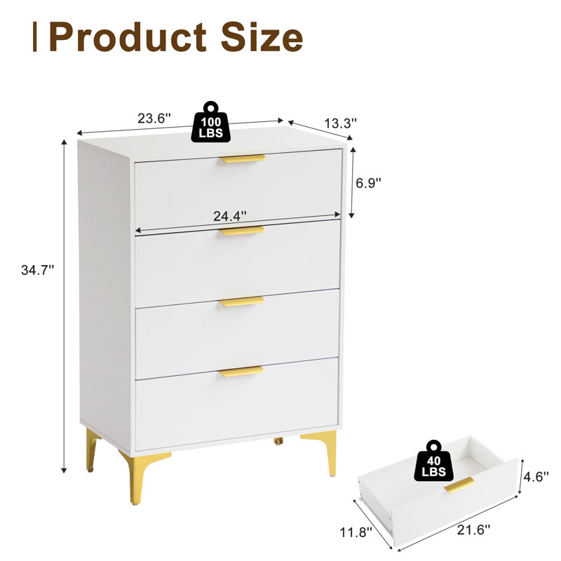 4 Drawer Dressers for Bedroom, Storage Chest Cabinet Organizer Unit, Chest of Drawer, White