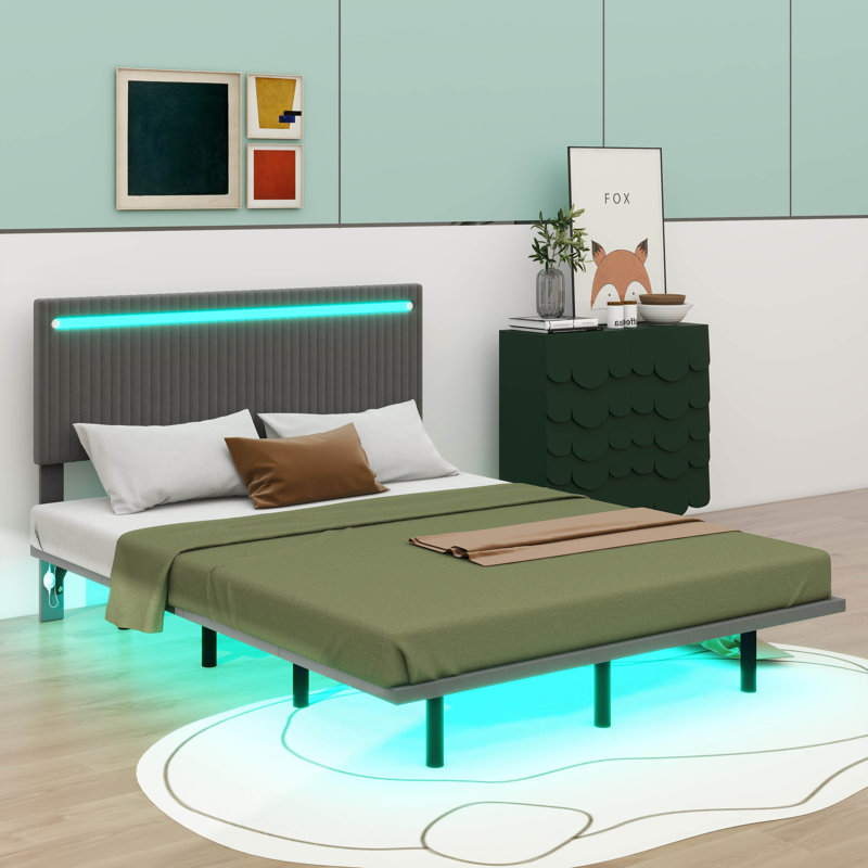 Innovative Modern LED-Lit Upholstered Floating Bed Frame, Full/Double, Gray