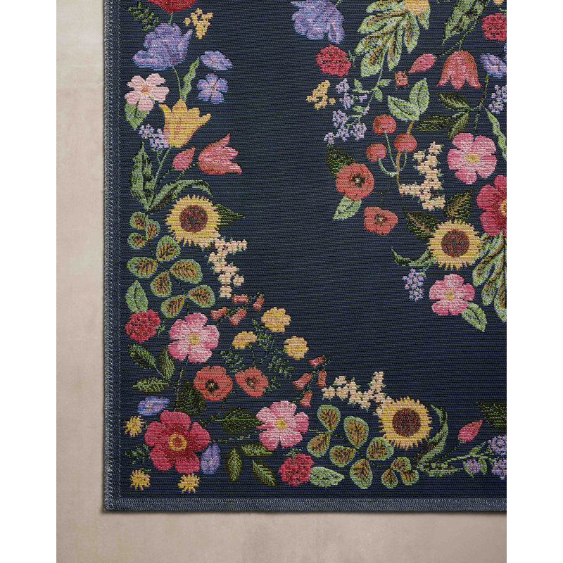 Navy Floral Wool and Synthetic Runner Area Rug 2'-5" x 7'-8"