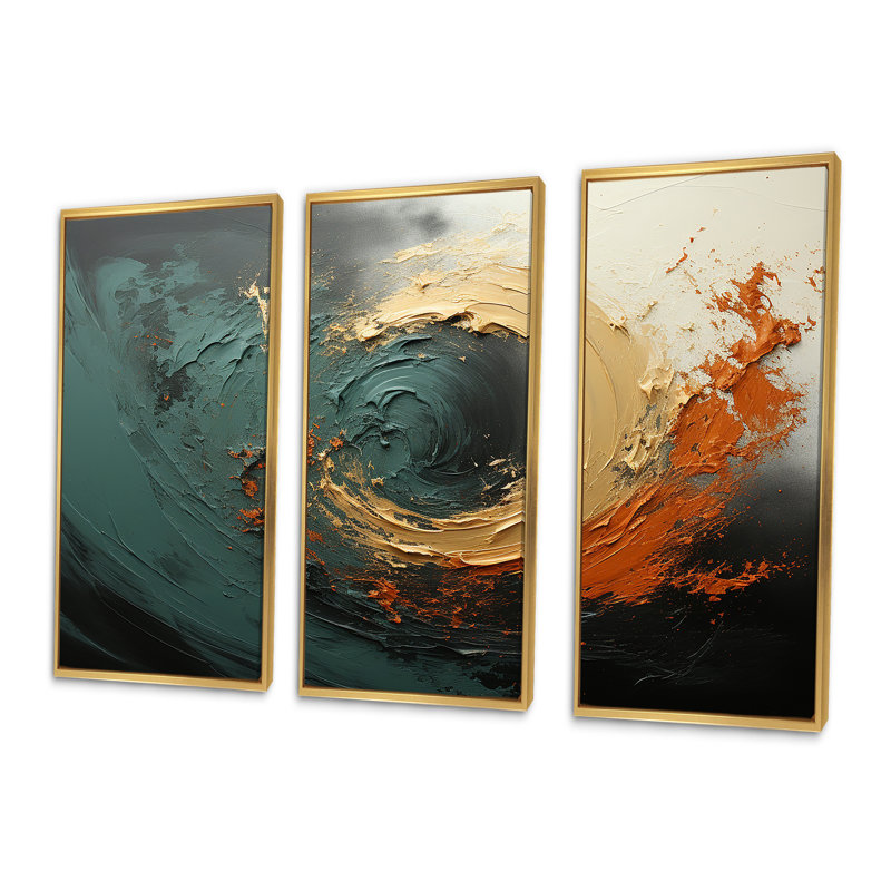 Orange et vagues ondulées oranges Melody III - abstrait spirales murales, Cadre flottant doré, H 40 po x l 61 po x P 1 po