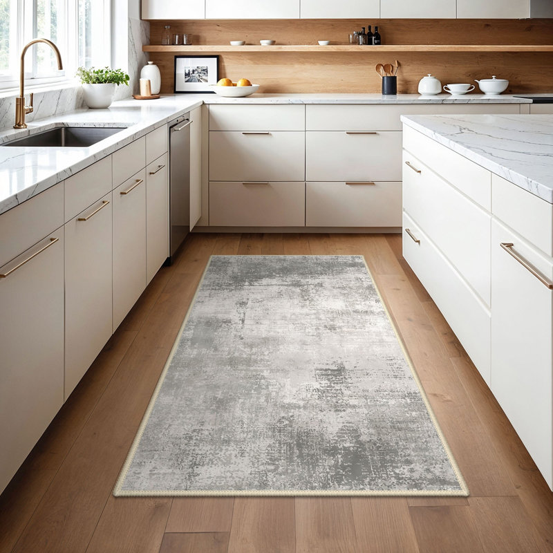 Abstract Machine Printed Area Rug, Rectangle 80 x 150 cm, Grey/Ivory