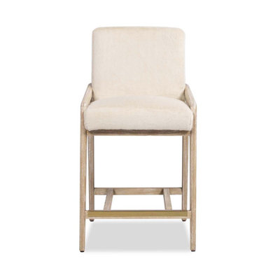 Arizona 25.5" Solid Ash Wood Upholstered Counter Stool With Rope Detail, Crème De La Crème White Faux Fur