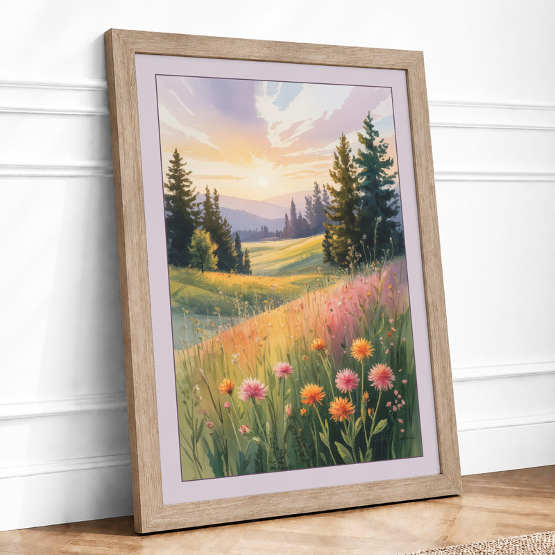Wildflower Meadow at Golden Hour Boho 1 Piece Single Picture Frame Wall Art, A1 - 84.1 x 59.4 cm, Oak