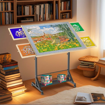 1500 Piece Wooden Puzzle Table With Drawer And Wheels, 35"×27.17" Adjustable Height And Tilt, Protective Cover Included