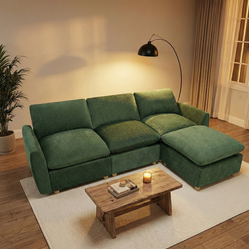 100" Modular L-shaped Sectional Sofa, Chenille Couch With Movable Ottoman For Living Room, Chenille - Green