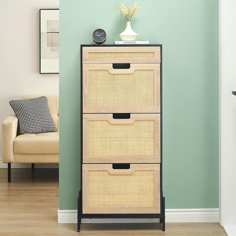 Natural Rattan 3 Flip Drawer Shoe Cabinet, Shoe Cabinet For Entryway, Narrow Shoe Storage Cabinet, Wood 3 Tier Slim Shoe Rack With 3-Tier Adjustable Shelves For Entryway One Size