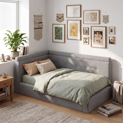 L-Shaped Corner Cloud Daybed, Upholstered Bed Frame with 30D High-Density Foam & Boucle Plush Fabric, Anti-Slip Mattress Liner, Multiuse Sofa Bed for Guest Room, Attic, Apartment & Home Office,Easy Assembly