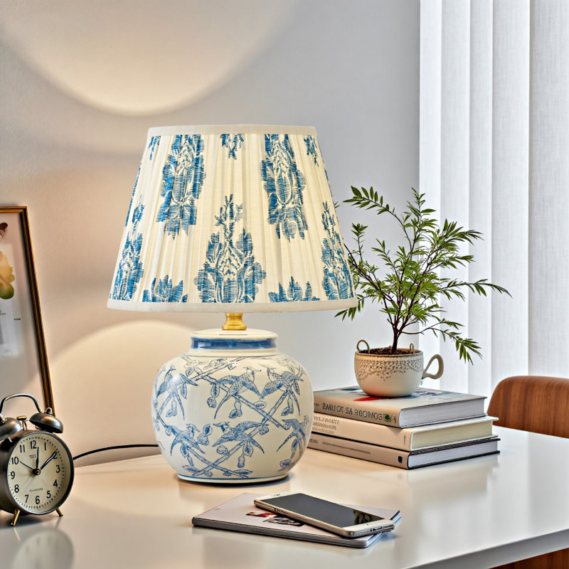 Vintage Blue And White Floral Porcelain Table Lamp With 11.81 Inch Pleated Linen Shade, Plug-In Design