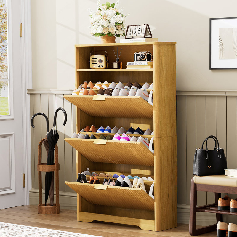 Freestanding Shoe Storage Cabinet  With 3 Flip Drawers For Entryway, Natural