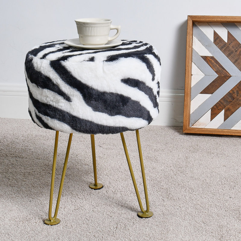 Tabouret rond en fausse fourrure, Fausse fourrure noire / blanche